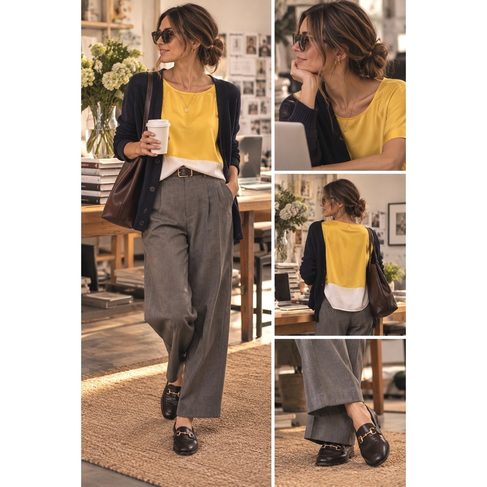 Akris Punto silk scoop neck yellow colorblock easy work layering bright chic sml